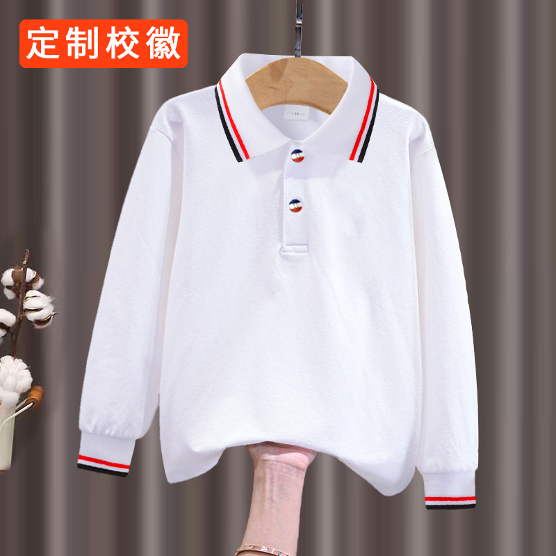 儿童白色polo衫男童白t恤长袖加绒女童纯棉打底衫小学生校服班服
