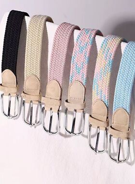 多巴胺免打孔百搭牛仔裤帆布腰带编织松紧弹力针扣学生懒人布带女