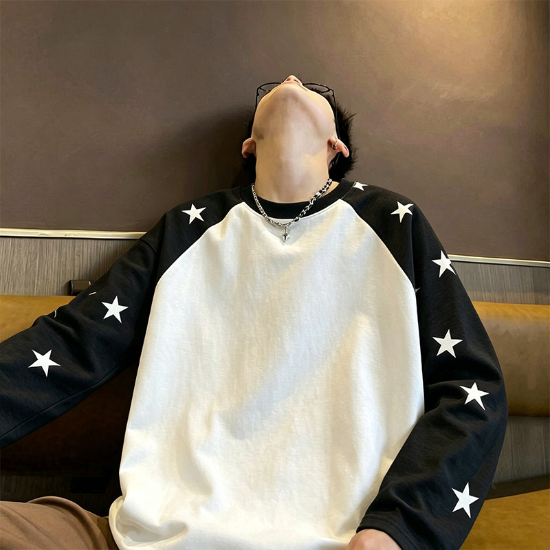 美式高街星星长袖t恤男款春秋新款ins潮宽松百搭青少年插肩袖上衣
