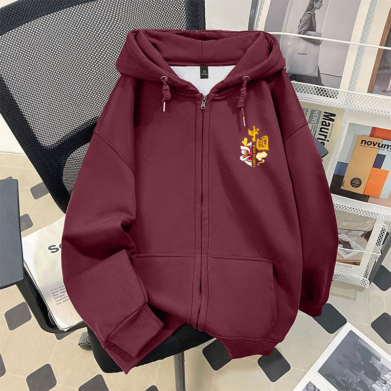酒红色拉链连帽卫衣男秋冬季美式加绒加厚宽松休闲慵懒风开衫外套,男装,卫衣,淘宝优惠券,粉丝福利购,淘宝优惠卷