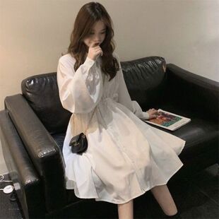 白色收腰连衣裙女收显瘦气质2022新款春夏衬衫裙中长款裙仙女超仙
