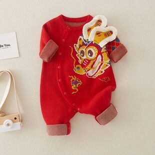 新生儿a类宝宝爬服婴儿过年拜年服喜庆红色连体衣新年装红色针织