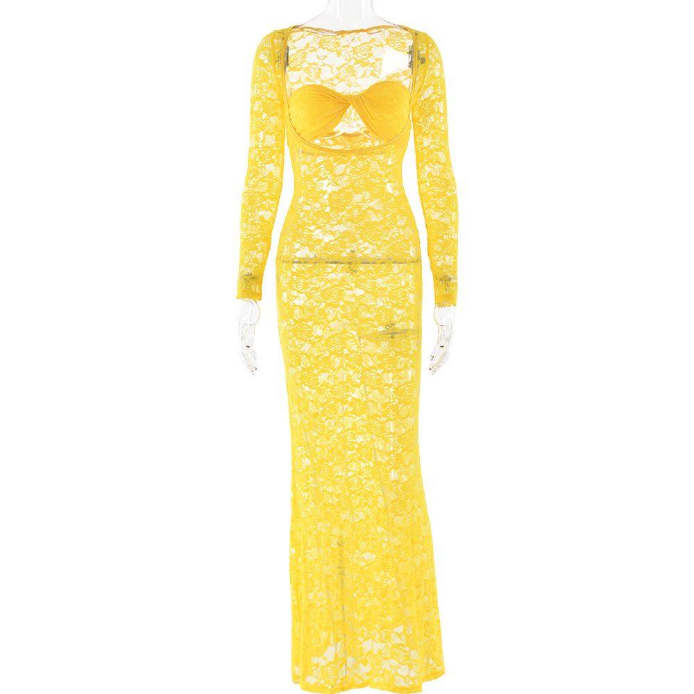 欧美外贸跨境2025夏季新款性感连衣裙蕾丝透视长袖修身连衣裙