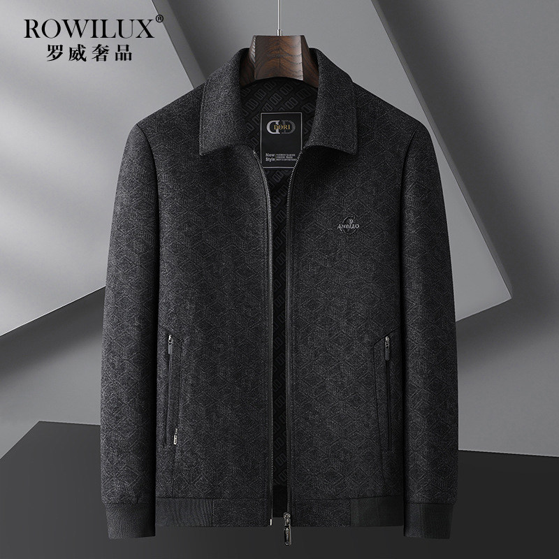 高端黑色毛呢翻领行政夹克外套男大码商务休闲春款中老年宽松茄克