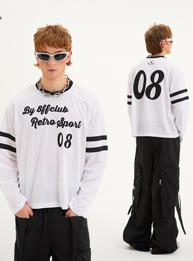 8FF26SS街头运动透气网洞长袖字母贴布刺绣舒适防晒速干休闲t恤潮