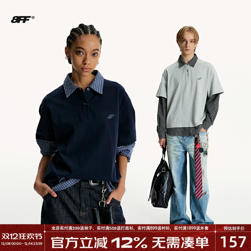 8FF25AW【周深同款】高智时髦知识分子假两件长袖格纹拼接polo衫