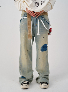 8FF8FF/25SS 油漆泼墨可拆卸腰头复古直筒微喇洗水dirtyfit牛仔裤