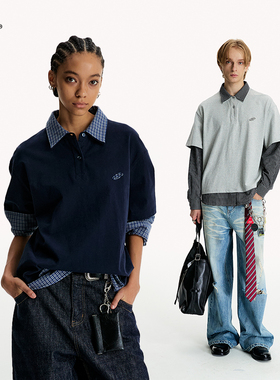 8FF25AW【周深同款】高智时髦知识分子假两件长袖格纹拼接polo衫