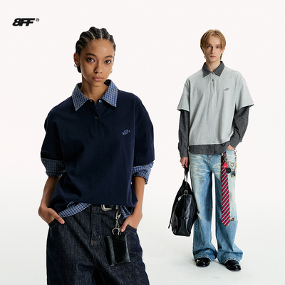 8FF25AW【周深同款】高智时髦知识分子假两件长袖格纹拼接polo衫