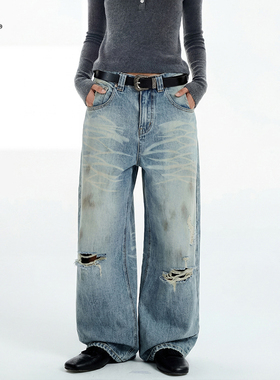 8FF 刘轩丞同款 泥染冰蓝色水洗破洞牛仔裤做旧baggy宽松直筒裤子