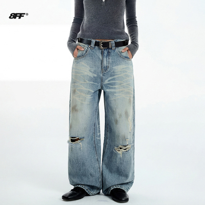 8FF 刘轩丞同款 泥染冰蓝色水洗破洞牛仔裤做旧baggy宽松直筒裤子