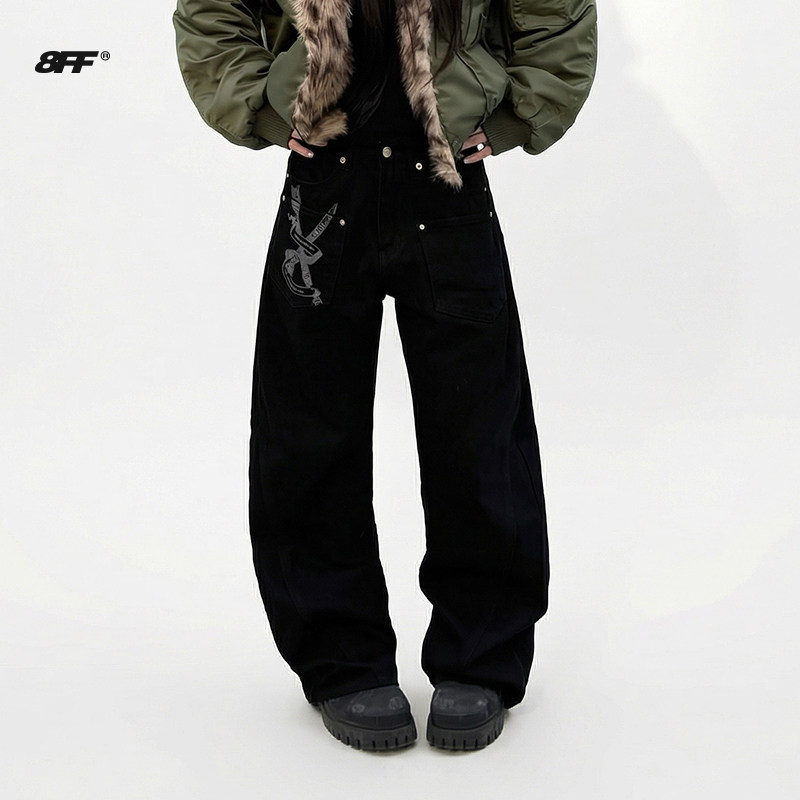8FF大不相同/25秋冬新款图案印花朋克直筒宽松休闲裤高街黑色长裤