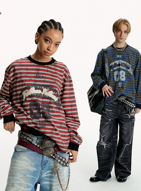 【明星石凯同款】8FF复古做旧重磅休闲条纹T恤宽松情侣长袖上衣潮