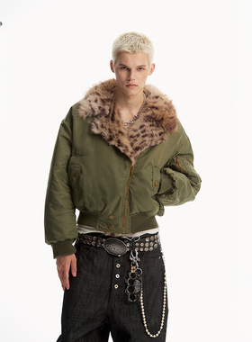 8ff美式豹纹毛领棉服bomber飞行夹克冬季棉袄军绿短款加厚外套
