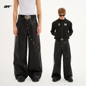 8FF26春新款 子 街头排扣baggy廓形弯刀裤 美式 四条杠爆裂纹撞色皮裤
