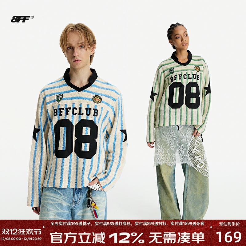 8FF明星赵品霖同款美式复古运动球衣绣花短款宽松休闲条纹长袖T恤