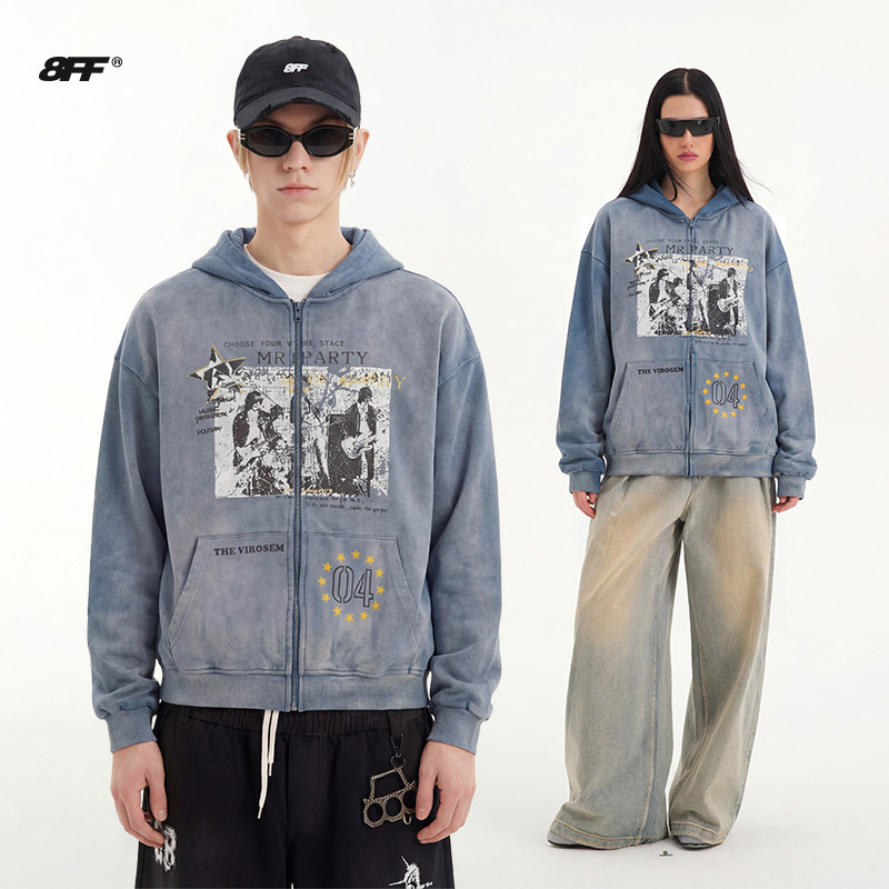 8FF美式街头做旧印花连帽卫衣外套休闲宽松潮流渐变个性拉链上衣
