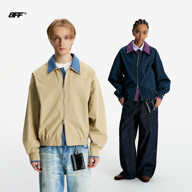 8FF25AW 短款宽松假两件外套格纹极简撞色巴恩风男女款夹克上衣