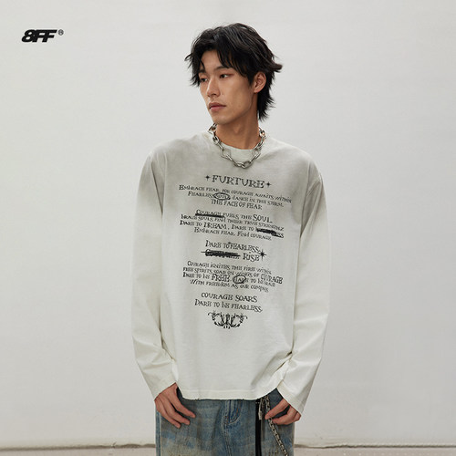 【左奇函同款】8FF/2海报印花水洗做旧长袖T重磅宽松泥染短袖上衣