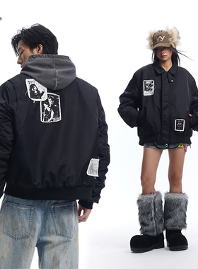 8FF/25飞行员bomber免烫夹克贴布绣宽松短款棉衣美式棒球棉服潮男