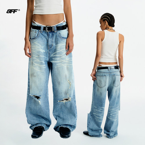 8FF25AW泥染抹脏冰蓝色蜂窝水洗破洞牛仔裤自然做旧baggy版型裤子