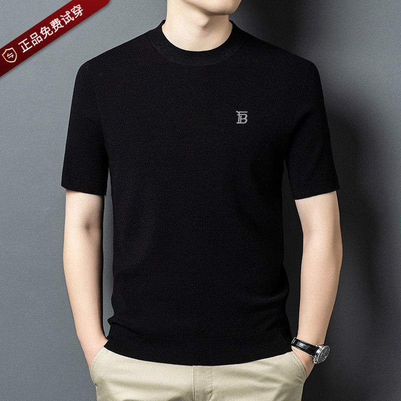 大牌英伦巴宝利娇羊毛衫短袖男士春秋薄款圆领半袖针织打底t恤衫