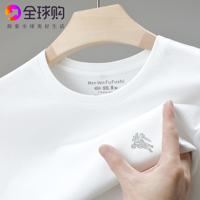 英伦巴宝利娇双丝光棉短袖t恤男士夏季圆领潮流刺绣战马半袖上衣