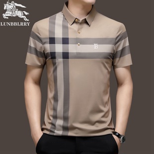 奢侈品伦巴宝利娇男士短袖polo衫夏季桑蚕丝休闲格子翻领半袖t恤