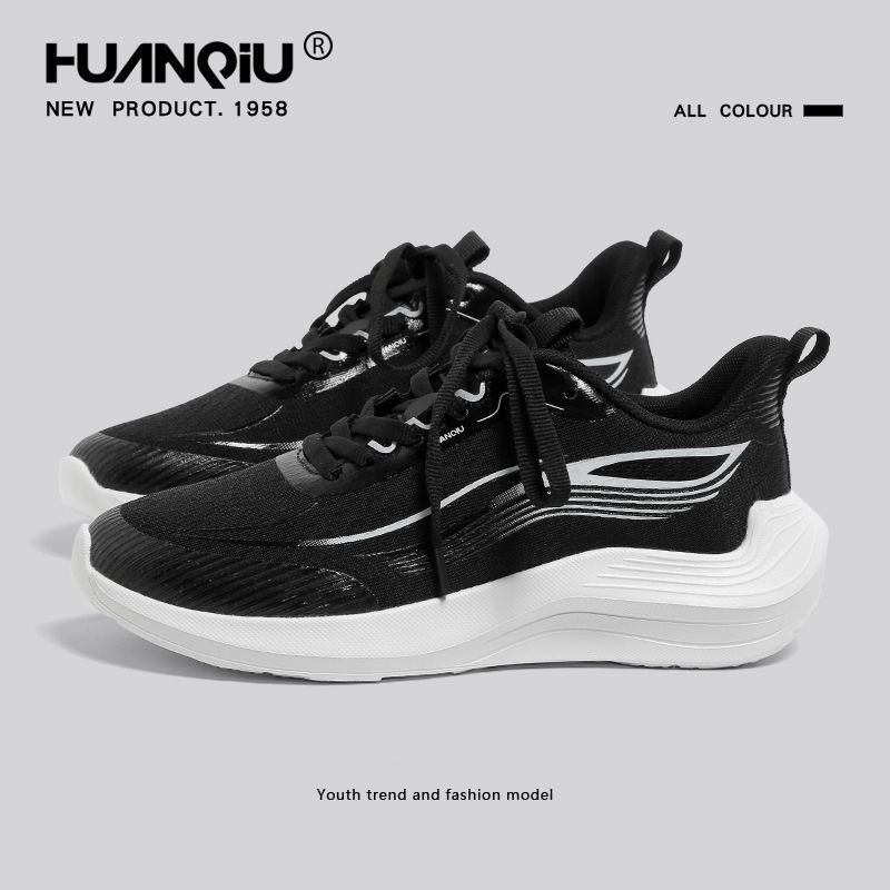 环球黑色飞织运动鞋女2025新款夏季网面透气厚底女鞋轻便跑步鞋子
