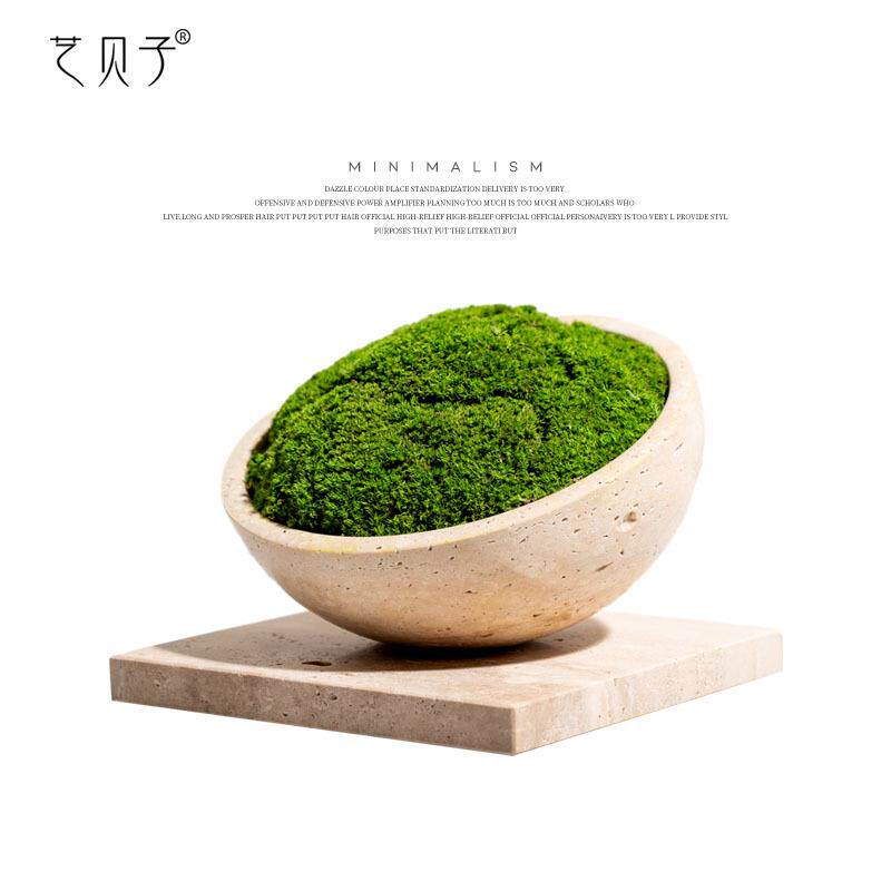 艺贝子高级感大理石洞石花器插花永生仿真绿植青苔洽谈桌花艺摆件