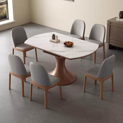 中古风法式复古岩板实木餐桌小户型家用方圆两用可变圆桌折叠桌子