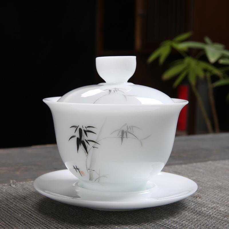 冰种玉瓷手绘陶瓷茶具盖碗山水花草大号德化高白瓷单个泡茶三才碗