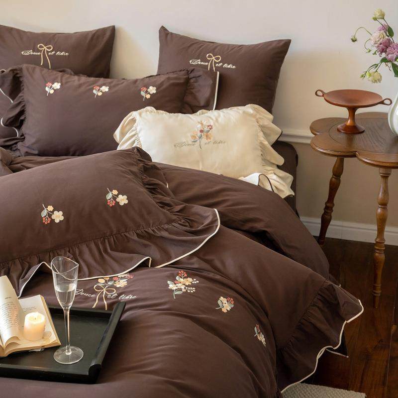 法式100S贡缎长绒棉全棉磨毛四件套秋冬加厚纯棉被套床单床上用品