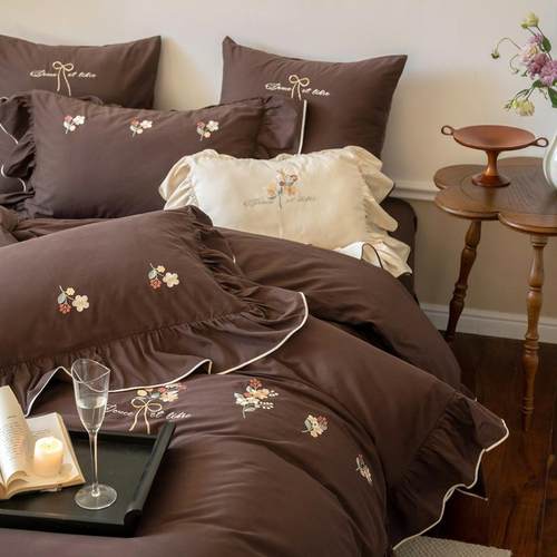 法式100S贡缎长绒棉全棉磨毛四件套秋冬加厚纯棉被套床单床上用品