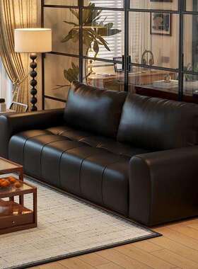 复古风小户型皮艺沙发客厅意式极简款直排双三人黑色棕色皮质沙发