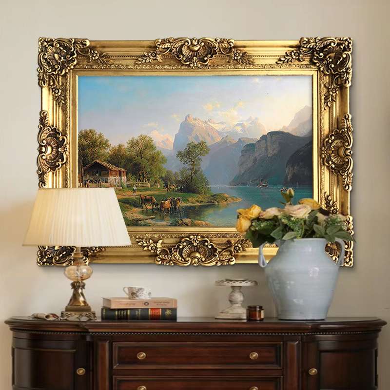 世界名画卢塞恩湖高档别墅客厅风景油画欧式山水画美式玄关装饰画