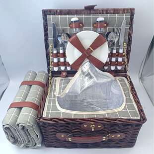 柳条野餐篮四人餐高端出口手提深棕色户外手提篮保温防水餐篮