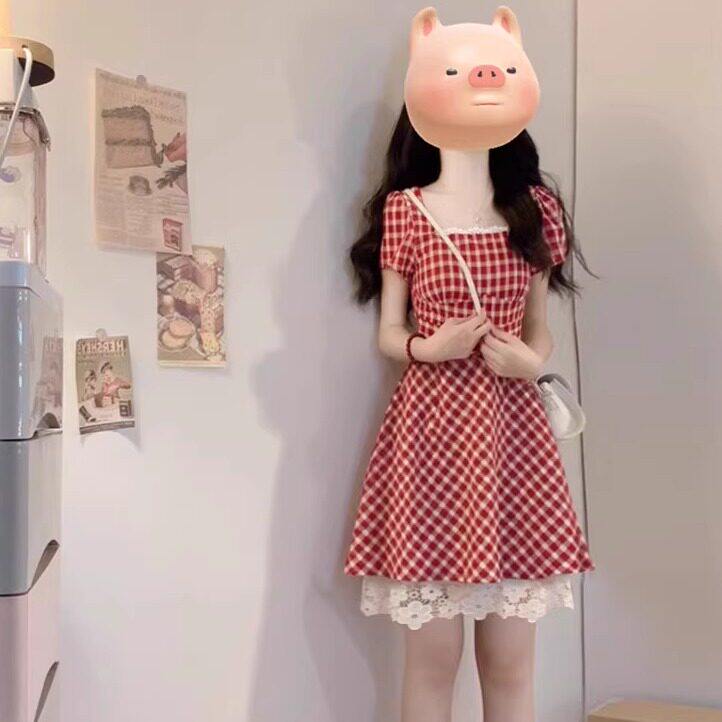 甜美风气质红色格子连身