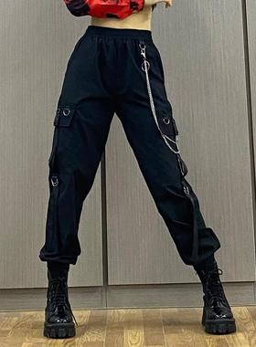 嘻哈爵士舞蹈街舞校园运动练功橡筋腰挂链宽松收脚口黑色工装长裤