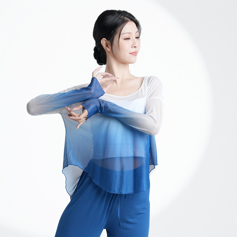 新款现代舞蹈练功服古典舞纱衣演出服女飘逸渐变宽松上衣落肩长袖