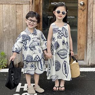 男女 短裤 童韩版 童休闲短袖 两件套潮 不规则图案连衣裙儿 2024夏季