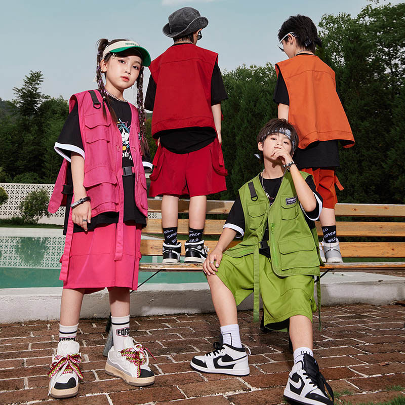 男童嘻哈马甲街舞演出服儿童走秀潮酷套装女童hiphop架子鼓表演服