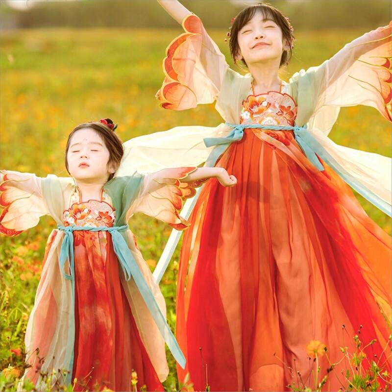 新款.石榴花开 女童汉服春秋儿童中秋节超仙古装襦裙连衣裙秋季