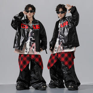 儿童街舞演出服男童美式 机车服 皮衣夹克洋气炸街潮服外套亮面长裤