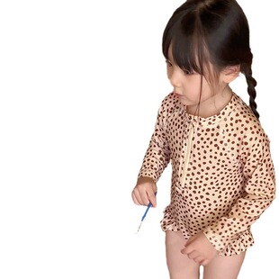泳衣 中小童女宝宝豹纹长袖 女童连体游泳衣韩版 夏季