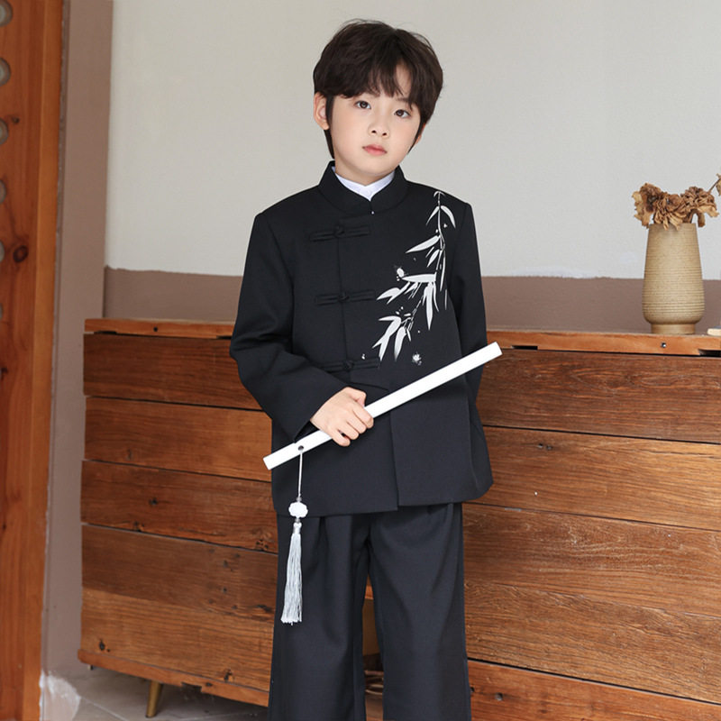 男童新中式礼服水墨竹子印花盘扣中山装外套儿童国风立领西服唐装
