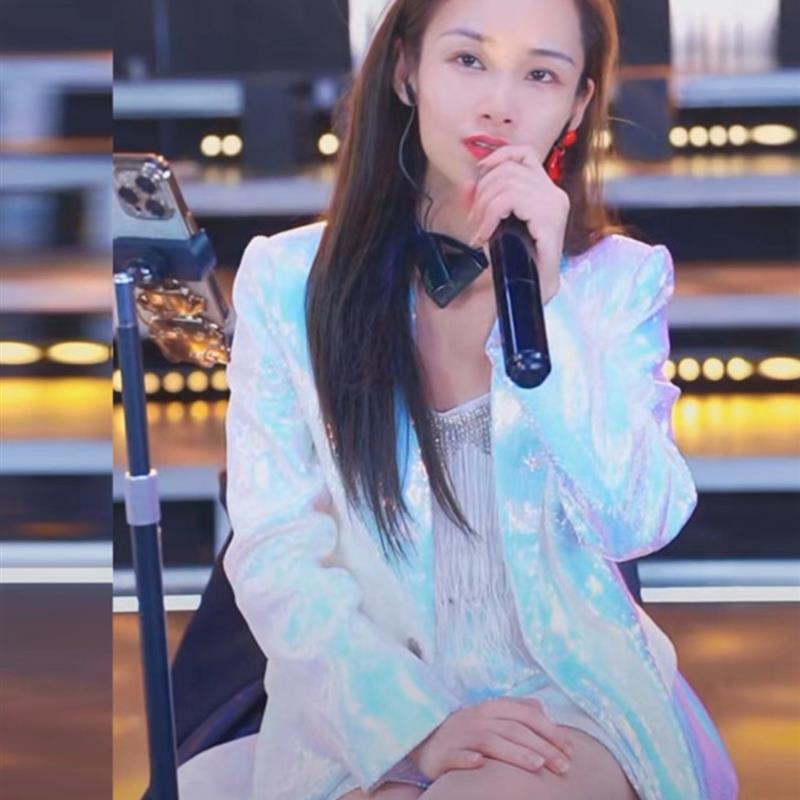 女主播歌手直播商演庆典婚庆主持亮银幻渐变密亮片西服套装演出服