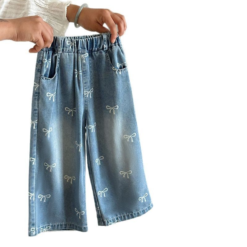 女童裤子蝴蝶结印花牛仔裤阔腿直筒2026春季新款女中小童高腰宽松