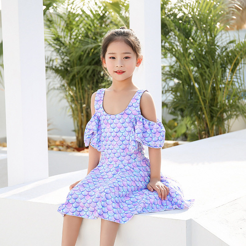新款美人鱼服装 儿童连体裙式女童泳衣短袖防晒平角裤兒童泳衣
