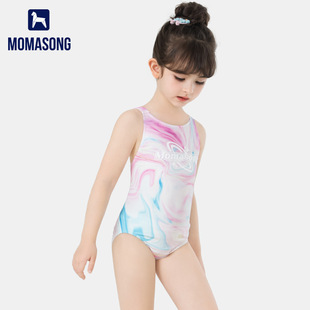 女童连体三角泳衣青少年学生专业训练无胸垫印花游泳衣